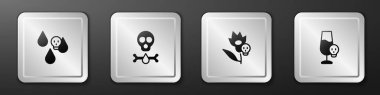 Set Acid rain Bones and skull Poison flower and Poisoned alcohol icon. Silver square button. Vector.