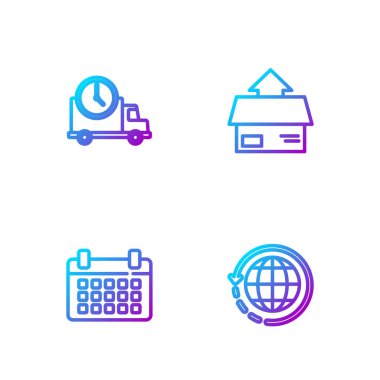 Set line Worldwide shipping and box, Calendar, Logistics delivery truck clock and Carton cardboard. Gradient color icons. Vector.