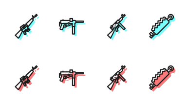 Set line Tommy gun, M16A1 rifle, Submachine M3 and Trap hunting icon. Vector.