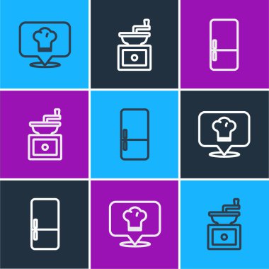 Set line Chef hat with location, Refrigerator and Manual coffee grinder icon. Vector.