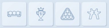 Set line Billiard balls on a stand, in rack triangle, Award cup and rest. White square button. Vector.