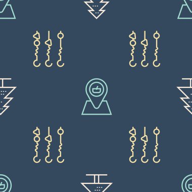 Set line Tree Grilled shish kebab on skewer and Picnic location on seamless pattern. Vector.