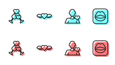 Set line Romantic man Glass of champagne Heart with wings and Smiling lips icon. Vector.