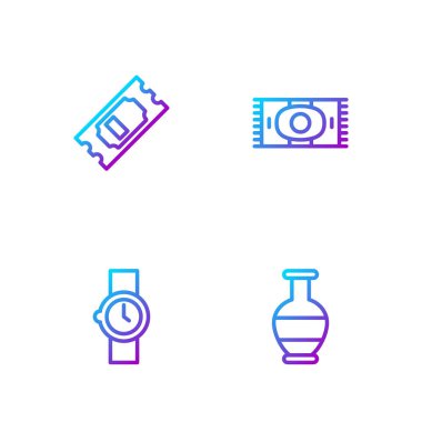 Set line Ancient amphorae Wrist watch Cinema ticket and Classic carpet. Gradient color icons. Vector.