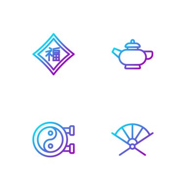 Set line Traditional paper fan Yin Yang symbol Chinese New Year and tea ceremony. Gradient color icons. Vector.