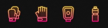 Set line Boxing training paws glove MMA and Fitness shaker. Glowing neon icon. Vector.