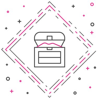 Beyaz arka planda izole edilmiş Antik hazine sandığı simgesi. Altın sikkeli klasik tahta sandık. Renkli taslak konsepti. Vektör