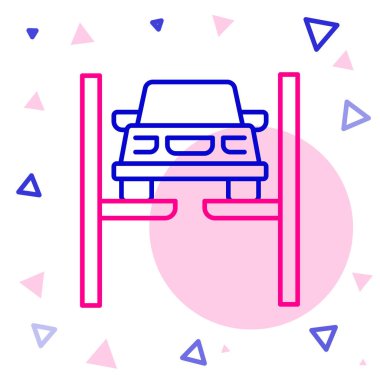 Asansör ikonundaki çizgi tamir arabası beyaz arka planda izole edildi. Alt gövdenin tamiri, süspansiyon, tekerlekler ve motor. Renkli taslak konsepti. Vektör