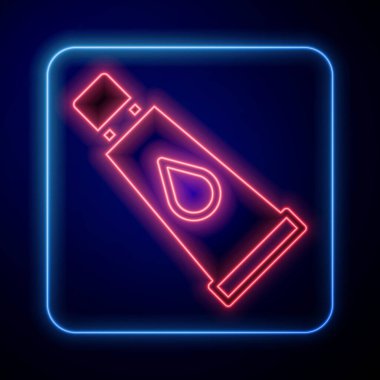 Parlayan neon kremi ya da siyah arkaplanda izole edilmiş losyon kozmetik tüp ikonu. Kadınlar için vücut bakım ürünleri. Vektör