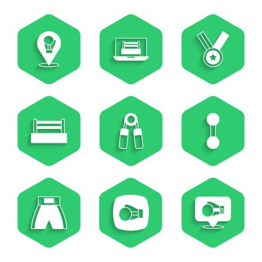 Set Sport expander, Boxing glove, Dumbbell, short, ring, Medal and  icon. Vector