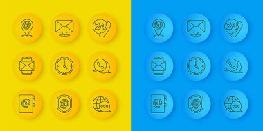 Set line Address book, Mobile and envelope, Clock, World map made from speech bubble, Telephone with chat, Location mail e-mail, 24 hours support and Envelope icon. Vector