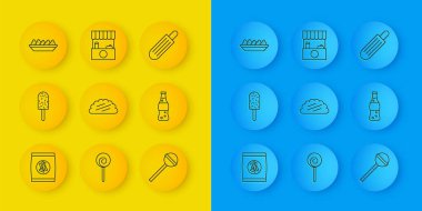 Set line Hard bread chucks crackers, Ice cream, Taco with tortilla, Lollipop, Bottle of water, Nachos in plate, French hot dog and Street stall awning icon. Vector