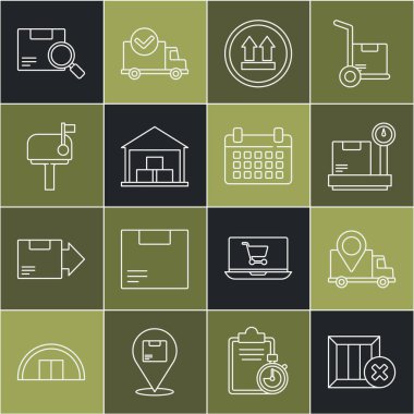Set line Wooden box and delete, Delivery tracking, Scale with cardboard, This side up, Warehouse, Mail, Search package and Calendar icon. Vector