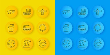 Set line Planet Mars, Astronomical observatory, rover, Sun, Falling star, Satellite and  icon. Vector