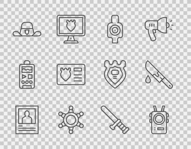 Set line Wanted poster, Police body camera, Human target sport for shooting, Hexagram sheriff, Sheriff hat with badge, id case, rubber baton and Bloody knife icon. Vector