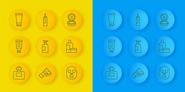 Set line Perfume, Cream or lotion cosmetic tube, Facial mask, Makeup powder with mirror and  icon. Vector