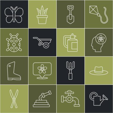 Set line Watering can, Gardener worker hat, Human head with flower inside, Shovel, Wheelbarrow dirt, Ladybug, Butterfly and sprayer for fertilizer icon. Vector