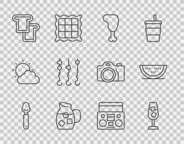 Set line Spoon, Wine glass, Chicken leg, Jug with water, Bread toast, Grilled shish kebab skewer, Home stereo two speakers and Watermelon icon. Vector