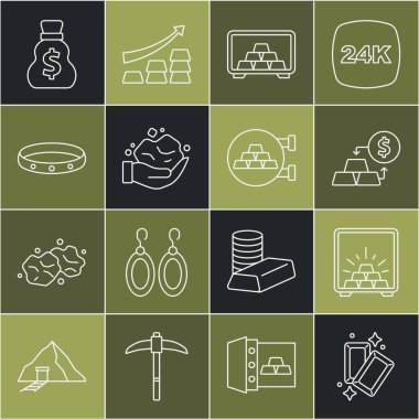 Set line Gold bars, Safe with gold, exchange money, nugget, ring, Old bag and Jewelry store icon. Vector