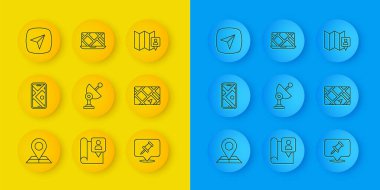 Set line Folded map with location marker, City navigation, Radar, Push pin, Gps device,  and  icon. Vector