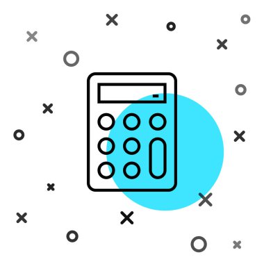 Siyah çizgi hesap makinesi simgesi beyaz arkaplanda izole edildi. Muhasebe sembolü. İş hesaplamaları matematik eğitimi ve finans. Rastgele dinamik şekiller. Vektör