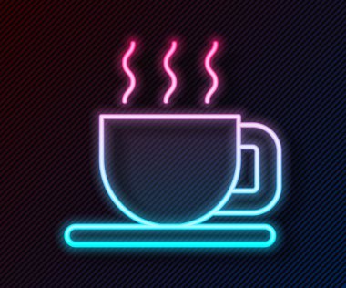 Siyah arka planda izole edilmiş parlak neon çizgili çay ikonu. Vektör