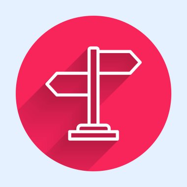 White line Road traffic sign. Signpost icon isolated with long shadow background. Pointer symbol. Isolated street information sign. Direction sign. Red circle button. Vector