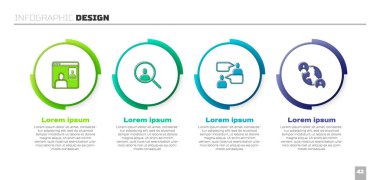 Set Video chat conference, Magnifying glass for search, Two sitting men talking and BFF best friends forever. Business infographic template. Vector