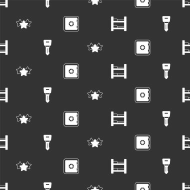 Set Hotel room bed, door lock key, Stars rating and Safe on seamless pattern. Vector