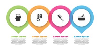 Set Wooden log, Sauna thermometer, brush and Mortar and pestle. Business infographic template. Vector