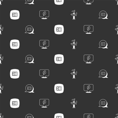 Set Wind turbine, Leaf Eco symbol,  and Location with leaf on seamless pattern. Vector