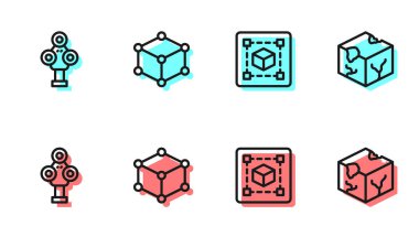 Set line Geometric figure Cube, 3D scanner, Isometric cube and  icon. Vector