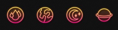 Set line Moon and stars, Water drop, Earth globe and Planet Saturn. Glowing neon icon. Vector