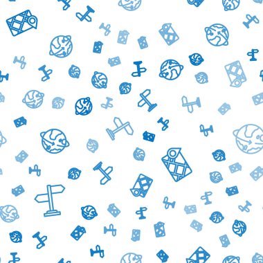 Set line Road traffic sign, Gps device with map and Satellites orbiting the Earth on seamless pattern. Vector