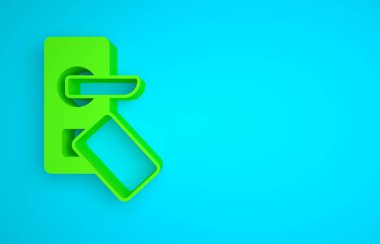 Green Digital door lock with wireless technology for unlock icon isolated on blue background. Door handle sign. Security smart home. Minimalism concept. 3D render illustration.