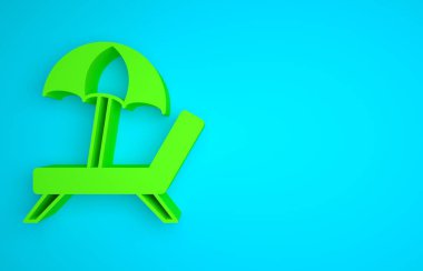 Green Sunbed icon isolated on blue background. Beach umbrella and Sun lounger. Minimalism concept. 3D render illustration.