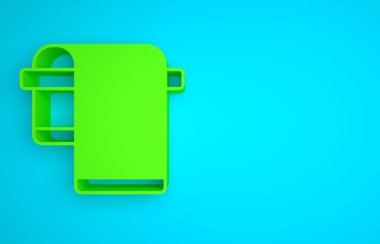 Green Towel on hanger icon isolated on blue background. Bathroom towel icon. Minimalism concept. 3D render illustration.
