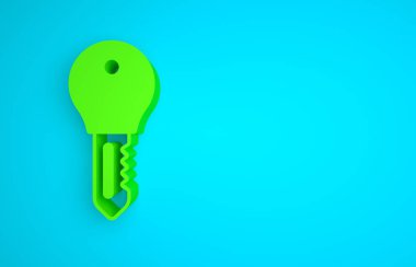 Green Hotel door lock key icon isolated on blue background. Minimalism concept. 3D render illustration.