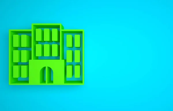 Green Hotel building icon isolated on blue background. Minimalism concept. 3D render illustration.