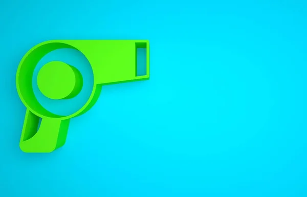 Green Hair dryer icon isolated on blue background. Hairdryer sign. Hair drying symbol. Blowing hot air. Minimalism concept. 3D render illustration.