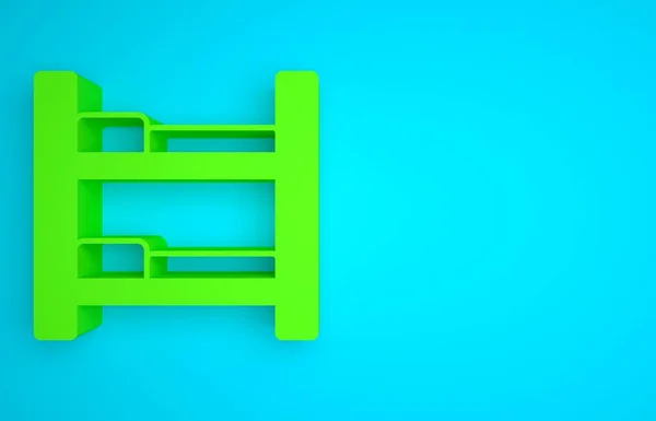 Green Hotel room bed icon isolated on blue background. Minimalism concept. 3D render illustration.
