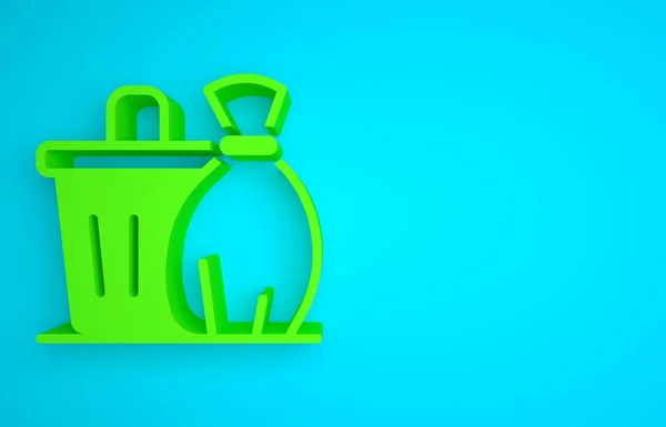 Green Trash can icon isolated on blue background. Garbage bin sign. Recycle basket icon. Office trash icon. Minimalism concept. 3D render illustration.