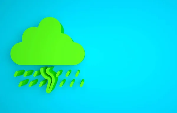 Green Cloud with rain and lightning icon isolated on blue background. Rain cloud precipitation with rain drops.Weather icon of storm. Minimalism concept. 3D render illustration.