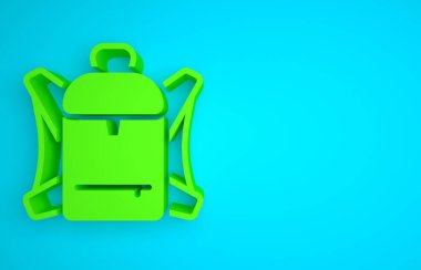 Green Hiking backpack icon isolated on blue background. Camping and mountain exploring backpack. Minimalism concept. 3D render illustration.