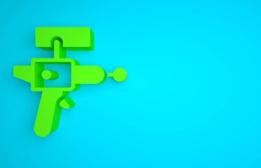 Green Ray gun icon isolated on blue background. Laser weapon. Space blaster. Minimalism concept. 3D render illustration.