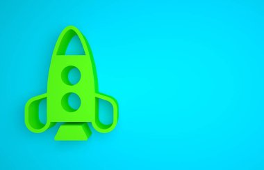 Green Rocket ship toy icon isolated on blue background. Space travel. Minimalism concept. 3D render illustration.
