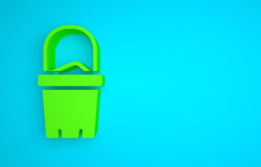 Green Sand in bucket icon isolated on blue background. Plastic kid toy. Summer icon. Minimalism concept. 3D render illustration.