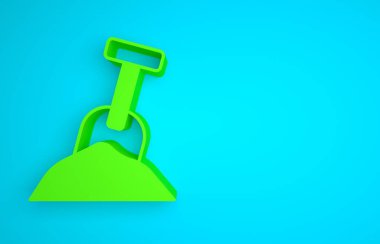 Green Sandbox with sand and shovel icon isolated on blue background. Minimalism concept. 3D render illustration.