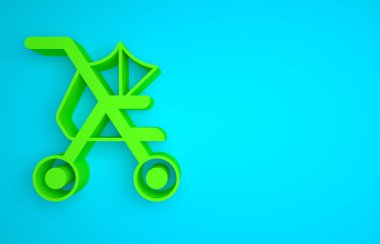 Green Baby stroller icon isolated on blue background. Baby carriage, buggy, pram, stroller, wheel. Minimalism concept. 3D render illustration.