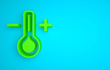 Green Meteorology thermometer measuring icon isolated on blue background. Thermometer equipment showing hot or cold weather. Minimalism concept. 3D render illustration.